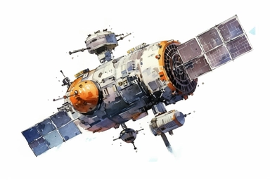 Watercolor, Generate a detailed visual of a satellite in a Molniya orbit, optimized for communication in high latitudes with a highly elliptical orbit clipart, hd, on a white background, spaced out