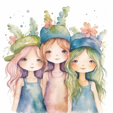 watercolour clipart, Embark on a whimsical journey with Bells, Creamy, and Flowery - three young girls who weave wonders and magic from paper. Their artwork flourishes in the enchanting realm of watercolour, where every stroke tells a story. Meet Bells, the sweet and scatterbrained dreamer, with a great sense of humor. She immerses herself in the world of digital design, creating exquisite papers for scrapbook albums. Though she may often forget things, her delicate touch and gentle nature shine
