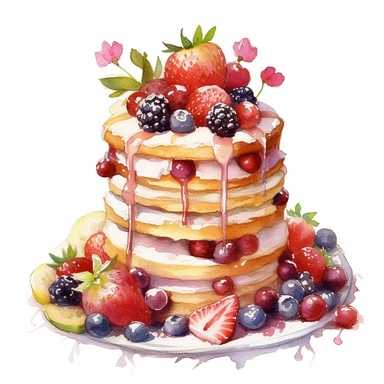 watercolor, hyper realistic, white background, white margins, 16k, ultra detailed clipart, cut out image, hand-drawn a rustic cake adorned with fresh fruits, flowers, and a dusting of powdered sugar. in the style of colorful ink wash paintings, charming character illustrations, piles/stacks, creative commons attribution, digital painting, barroco