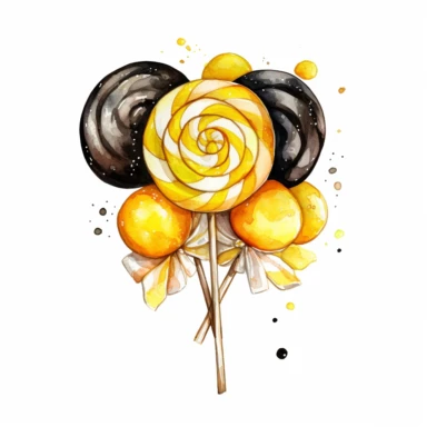 watercolor yellow and black birthday candy and lollipop drawing, illustration clipart, high detailed, white background, digital art