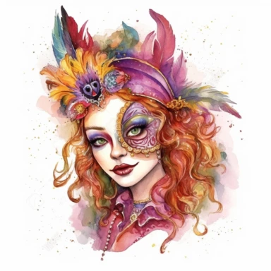 mardi gras, cute girl wearring carnival mask, kaluta art style, pen and ink watercolor clipart,isolated on white background