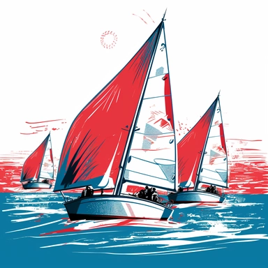 Blue and red and clipart, illustration type 3 sealing boats are in the midst of a sailing competition, and the tension and excitement of the race is palpable. All these should be in one line with long distance and coming toward. The crew members are focused and intense, determined to steer their boat to victory. The boat that is leading the race is depicted in the foreground, with its crew members cheering and celebrating their success.
