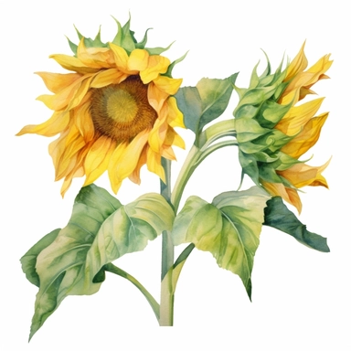 A pair of sunflowers intertwined, symbolizing love and connection, watercolor isolated transparent png, tender brushstrokes and romantic hues, clipart, a color palette of sun-kissed yellows, deep greens, and subtle shadows, absolute white background