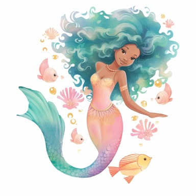Mermaid Clipart Clipart, full body pastel colors african american Mermaid swimming with a dolphin , natural hair, dreads, distinctive noses, illustration blend with cartoon realism and cate parr style