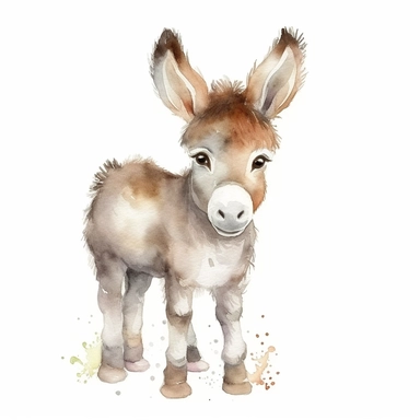 a colorful baby donkey with kind eyes clipart with watercolor illustration,full body shot,8k,etsy style, white background