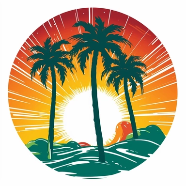 palm tree with sun in background, red green and yellow, vector art, in the style of pop art, clipart, white background, rounded corners