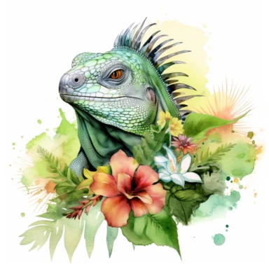 Green iguana with flowers, watercolor, sharp illustration clipart, insane detail, white background
