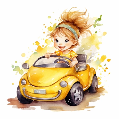 Cute little fairy girl driving a sport car yellow watercolor Clipart