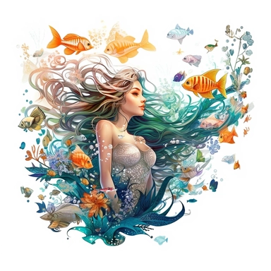 under water sea world a mermaid swimming with other creatures like fish squid starfish coral leaves, vector, clipart, animation style, digital painting, water color, lighting effect, iltra realistic, highly detailed, volumetric lighting 8k, 32-bit, classical fantasy,white background