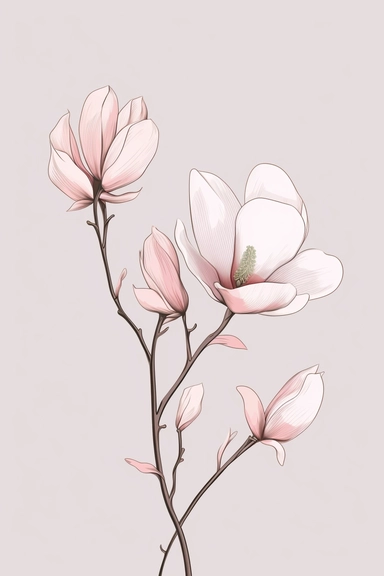 hyper minimal single line drawing magnolia illustration in watercolor style clipart, isolated, soft colors, feminine,