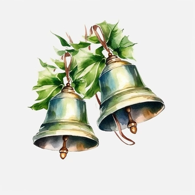 2 Christmas bells，watercolor, Retro，popular on amazon, lateral view, clipart, transparent background, clear background, green leaves, high resolution, watercolor, vector, 12k, 300 dpi, 12: 12 ratio