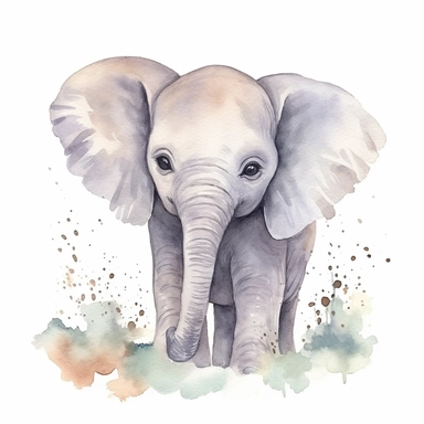 A delightful and charming watercolor clipart of an adorable baby elephant, designed for commercial use. This heartwarming composition captures the innocent charm of the African Safari Zoo animal, set against a crisp white background that accentuates its delicate watercolor textures and playful features. The baby elephant, with its gentle eyes and playful trunk, is skillfully painted in a soothing palette of grays and pastels, encapsulating the essence of nursery-themed art. The clipart emphasize
