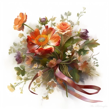 a simple gorgeous wildflowers and flowers corsage with ribbon and greenery on white background clipart, Earthy tones of orange, brown, and deep red color theme, watercolor painting realistic, high quality, vibrant, Vicente Romero Redondo, Willem van Aelst, Elsa Beskow