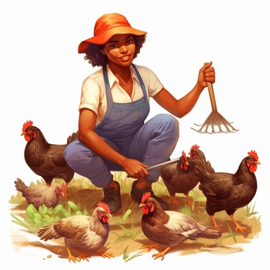 illustration clipart of african american woman farming with chickens around, hyperrealistic, white background
