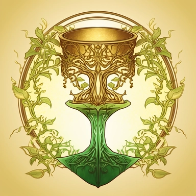 The image depicts an elegant and sophisticated emblem for an elven city, rendered in a clipart art style. The main subject is a chalice with a tree design on the front, overflowing with emerald green liquid, while grapevines decorate the bottom of the vessel. The chalice is situated against a warm ivory background, and warm, ethereal light shines from behind it. The color scheme is predominantly ivory, emerald green, and gold. Some light steam punk elements are incorporated into the design for a