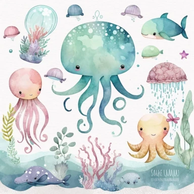 Undersea watercolor clipart, nursery decor, kawaii baby wall art, octopus, jellyfish, whale, cute ocean animals