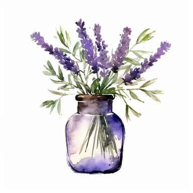 watercolor small glass vase with lavender clipart on white background