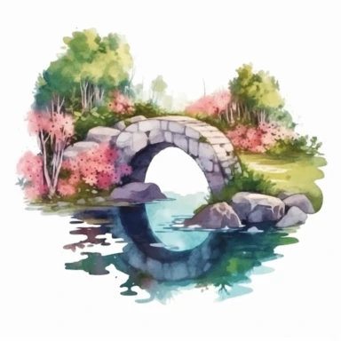 Clipart, isolated on white background, beautiful cute Watercolor Spring river with stone banks and stone bridge , forest woodland nature landscape scenery, plants and flowers, ornated, pastel colors