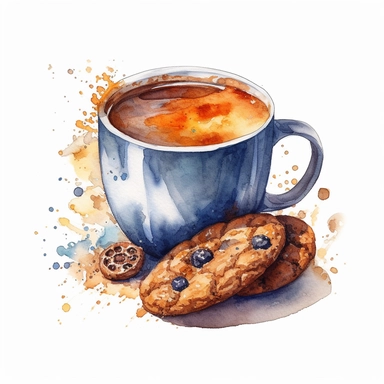 png clipart on a white background of a mesmerizing watercolor clear-lined illustration. The composition is central with a clear outline using bold and saturated complementary colors. the illustration is realistic and detailed depicting a cup of breakfast coffee with a cookie