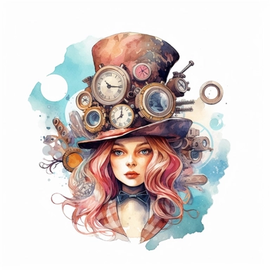 An alice in wonderland character , watercolor steampunk style, white background, clipart