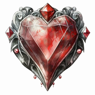 a clipart image. a red diamond heart. in a clipart style on a white background. in a gothic oriental fantasy style. black silver and red palette watercolours.