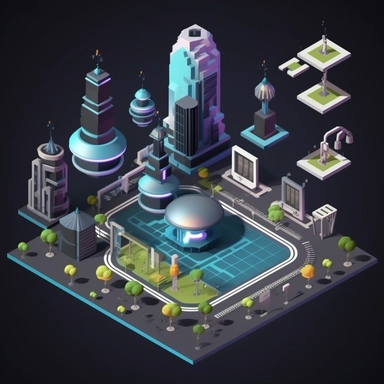 isometric perspective, game sprite, futuristic city park concept, gaming asset, sci-fi, fun, creative, cartoon, clipart, hyper-detailed, black background,