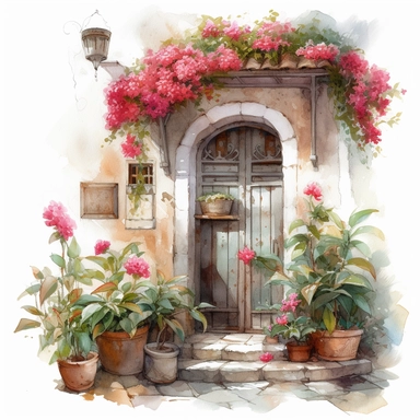 Create a beautiful watercolor clipart vignette of a rustic Mediterannean courtyard with a collection of white flowering potted plants, flowering hanging baskets and hot pink trailing bougainvillaea against a painted white rustic cottage door. The composition should be set against an isolated white background, with a bright and airy feel. Focus on capturing intricate details such as the delicate petals of the roses. Use a loose and fluid watercolor technique to create a sense of movement and ligh