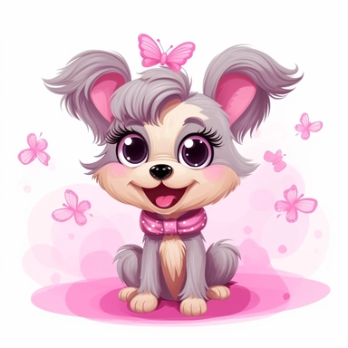 happy playfull girly fairy doggy, bow, full body, playing, long eyelashes, cartoon character, vector illustration, clipart, 2D, flat style