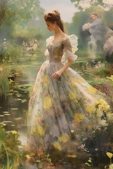 an ethereal, magical collage beautiful woman wearing gorgeous 1820s clothing, Cecily Barker, flower fairies, oil painting, English countryside, cottagecore aesthetic, dappled sunlight, Monet, Collage is a technique of an art production, primarily used in the visual arts, where the artwork is made from an assemblage of different forms, thus creating a new whole. A collage may sometimes include magazine and newspaper clippings, ribbons, paint, bits of colored or handmade papers, portions of other 