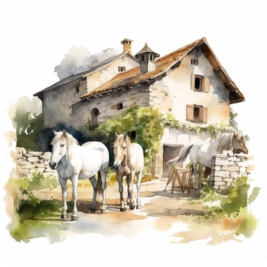 close up view of a. realistic watercolor drawing of horses on a charming farm in France, on a white background where the background will be removed to repurpose as a clipart.