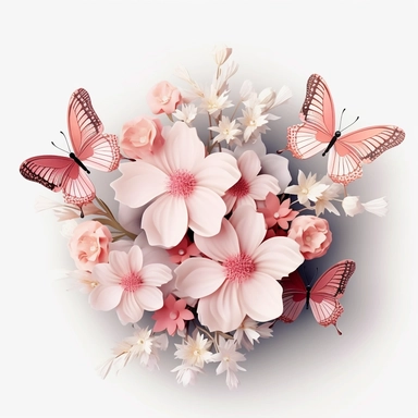 3D exceptionally beautiful pink flowers and butterflies in 3D, clipart, white background