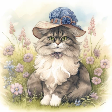 full body of a cute happy fluffy cat with a colourful edwardian ladies hat in a field, in the style of jody bergsma, clipart with white background,32k uhd, hand-painted details, charming character illustrations, dark brown and light beige, pink and dark blue,aquarellist, hd , white background clipart