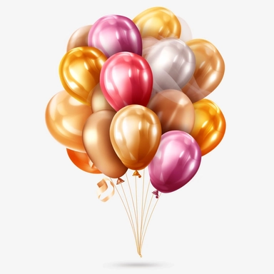 Balloon Bouquet: Create a set of cliparts featuring colorful balloons bundled together in a beautiful bouquet arrangement, rose and gold colors , high resolution, white transparent background no captions