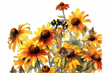 Watercolor, Create an image featuring a bee visiting a patch of black-eyed Susan flowers, contributing to the pollination of these cheerful blooms, clipart, hd, on a white background, spaced out