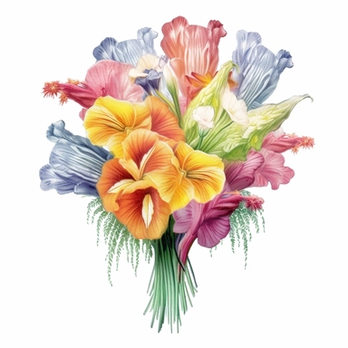 Design a dreamy watercolor clipart of a Bouquet of fan-shaped flowers such as bird of paradise, gladiolus, and anthuriums arranged in a striking and artistic arrangement composition, hand-painted with soft and graceful brushstrokes. Draw inspiration from