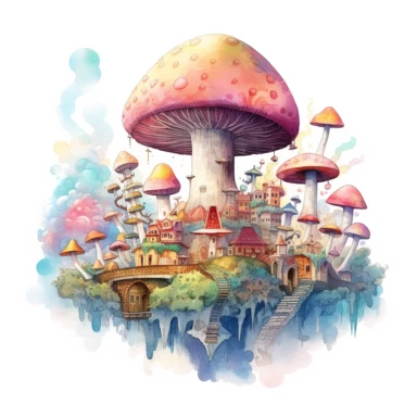 fantasy mushroom city in the clouds with a rainbow in the background. white background. clipart. watercolour.