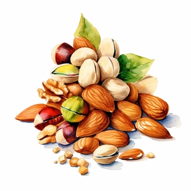 picturesque, simple, bright, the best simple mixed nuts, almond, cashew nut, pistachio, peanut, macadamia nut, in the world, clipart on white background, watercolor, painted by Beatrix Potter, 8k,