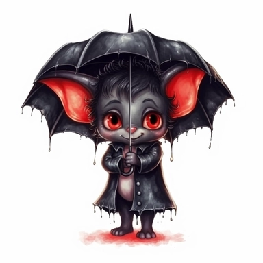 Cute Adorable magical little Devil with black wings holds a umbrella in his hand and wears a raincape and stand in the rain on a country road, clipart, photorealistic illustration, watercolor, high detail, 8k polished, 8k, vibrant colors, sticker, majestic, die cut, Black and Red color, white background