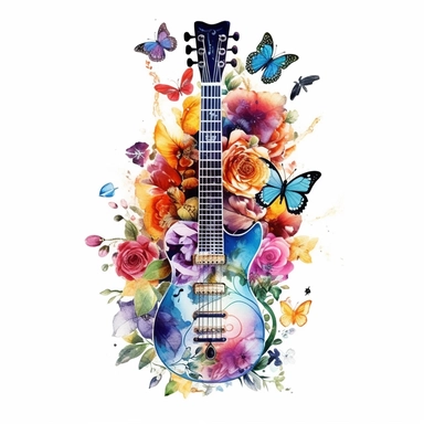 clipart de guitarra española con mariposas y flores, acuarela, 16k, hiper minimalista, megapixel, full color, super detailed,insanely detailed and intricate, ultra detallado