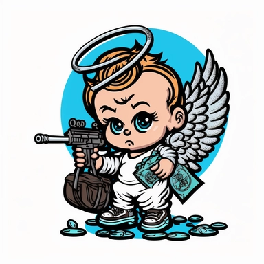 pop art cute baby angel with a halo holding a K 112 machine gun in his hand and a bag full of dollars at his feet drawing clipart animation realistic comic