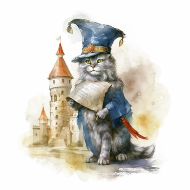 A clipart of a gray cat wearing a prince's costume and a feathered cap, holding a scroll and standing in front of a castle as a royal messenger, watercolor style, realistic, bright colors, 300 dpi, 8k, white and clear background