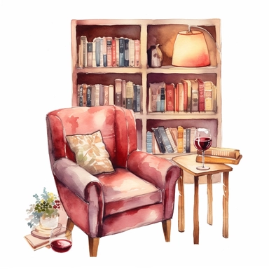 watercolored clipart,a cozy reading corner with a comfortable armchair, a bookshelf and a glas of red Wine