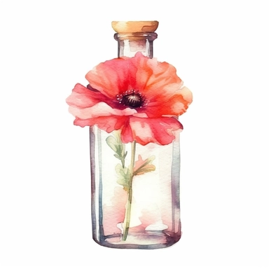 poppy ina glass bottle, clipart, watercolor, white background