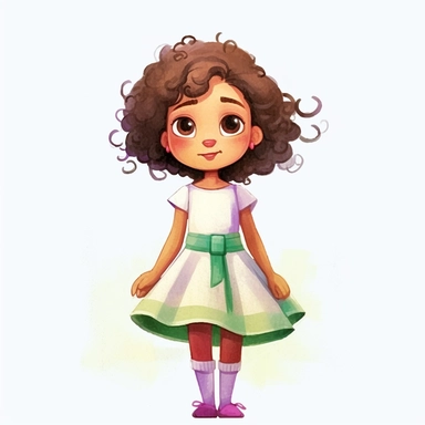 4 year old cartoon Pretty girl, cute cartoon white skin girl with medium lenght curly hair and brown eyes, wearing fuchsia clothes, smiling with her arms crossed. Pixar childrens book cartoon style, detailed, modern, urban, watercolor, full color, flat color, white background, children book illustration. Watercolor clipart. Pixar animation