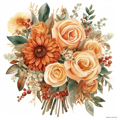 create a beautiful high quality highly detailed highly saturated watercolor clipart illustration of a beautiful single and elegant decorative SIMPLE PRINCESSCORE BRIDAL BOUQUET WITH THE FLORAL STEMS WRAPPED in SILK BURLAP WITH THE BOTTOM OF THE STEMS SHOWING covered in a theme of burnt orange, terracotta, beige, flower arrangement with vendela rose, dahlia rose, rose bud, willow, use intricate detailing for the BRIDAL BOUQUET, pay close attention to the leaves, this illustration should be used f