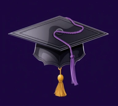graduation cap illustration with a tassel from a clipart, in the style of dark gray and purple, industrial and technological subjects, 32k uhd, flat, rtx on, animated gifs, quantumpunk
