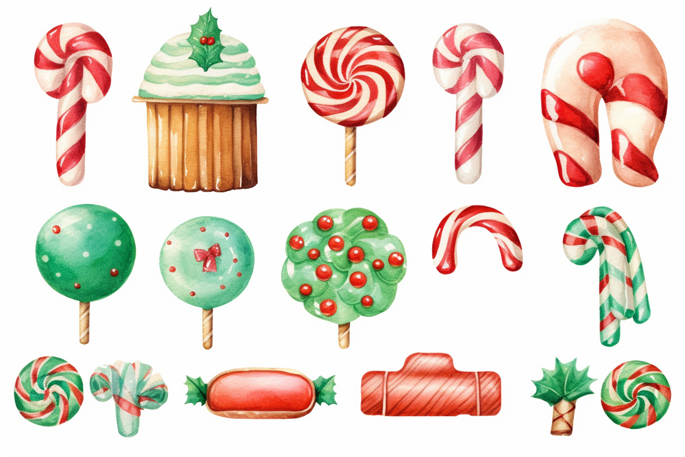 watercolour of a variety of Christmas Candies and cookies. Red and ...