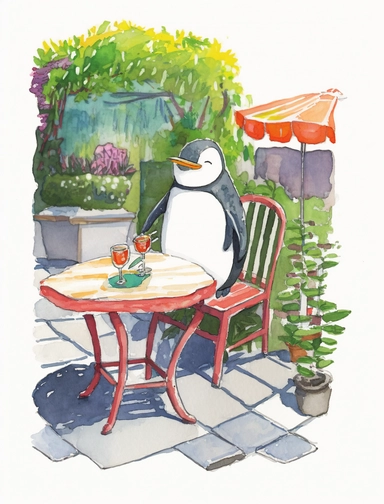 beautifully colored, beautifully illustrated anthropomorphic penguin sitting on a white metal bistro table in the garden , with a cast shadow , beautiful gouache painting, chibi clipart with a cast shadow on white background, beautiful gouache painting, , watercolor art simple watercolor still-life sketch, bold lines, sketch by Kim Jung Gi and by Satoshi Kon