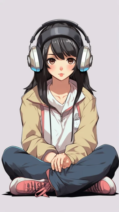 Lateral sitting posture of an animated girl wearing t shirt character design, wearing headphones on your head, full body, drawing a face in maximum quality, high-quality drawing of the face, clipart, full illustration, 4k, sharp focus, smooth, soft skin, symmetrical, detailed face, concept art, style fairy tales, chibi kawai, Octane rendering, 3d, perfect face, detailed face, delicate face, perfect sharp lips, detailed eyes.