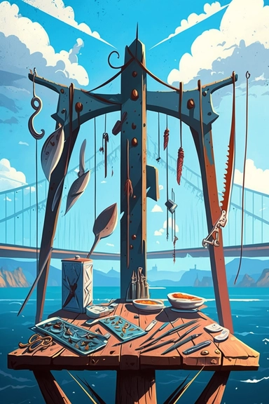 bridge, sky, rope, knives, forks, spoons, sky, background, fish,book illustration style, by Digital-Vector-Illustration Jordan-Grimmer-Concept-Painting, watercolor clipart, hyperdetailed painting, beautiful scene, cartoon, flat colors, 50mm, f1.4